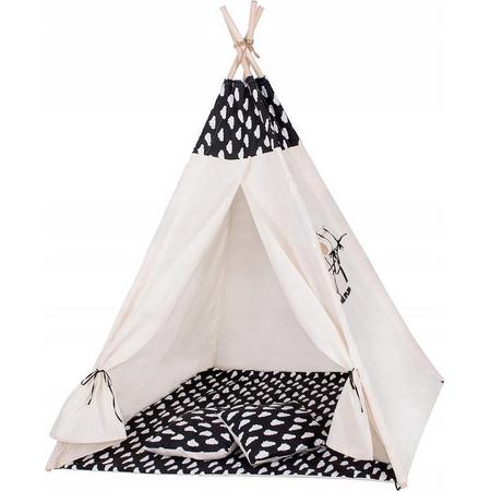 Springos Tipi Tent | Wigwam Speeltent | 120x100x180 cm | Met Mat en Kussens | Naturel Zwart | Wolken